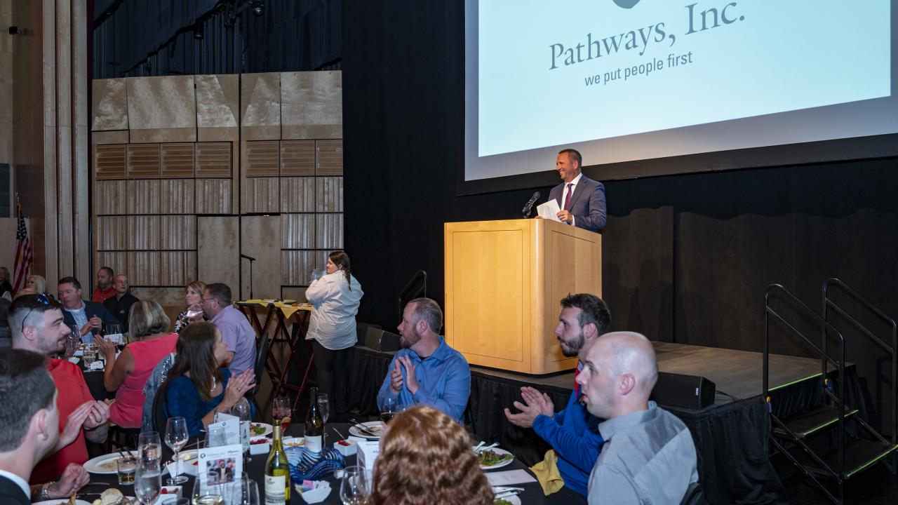 President and CEO Joseph Cevette addresses the crowd at the 2023 Pathways Inc Annual Fundraiser
